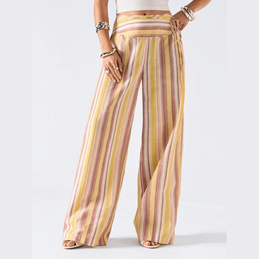 Yellow Orange Multi Striped Tie Waist Wide Lightweight Leg Pants